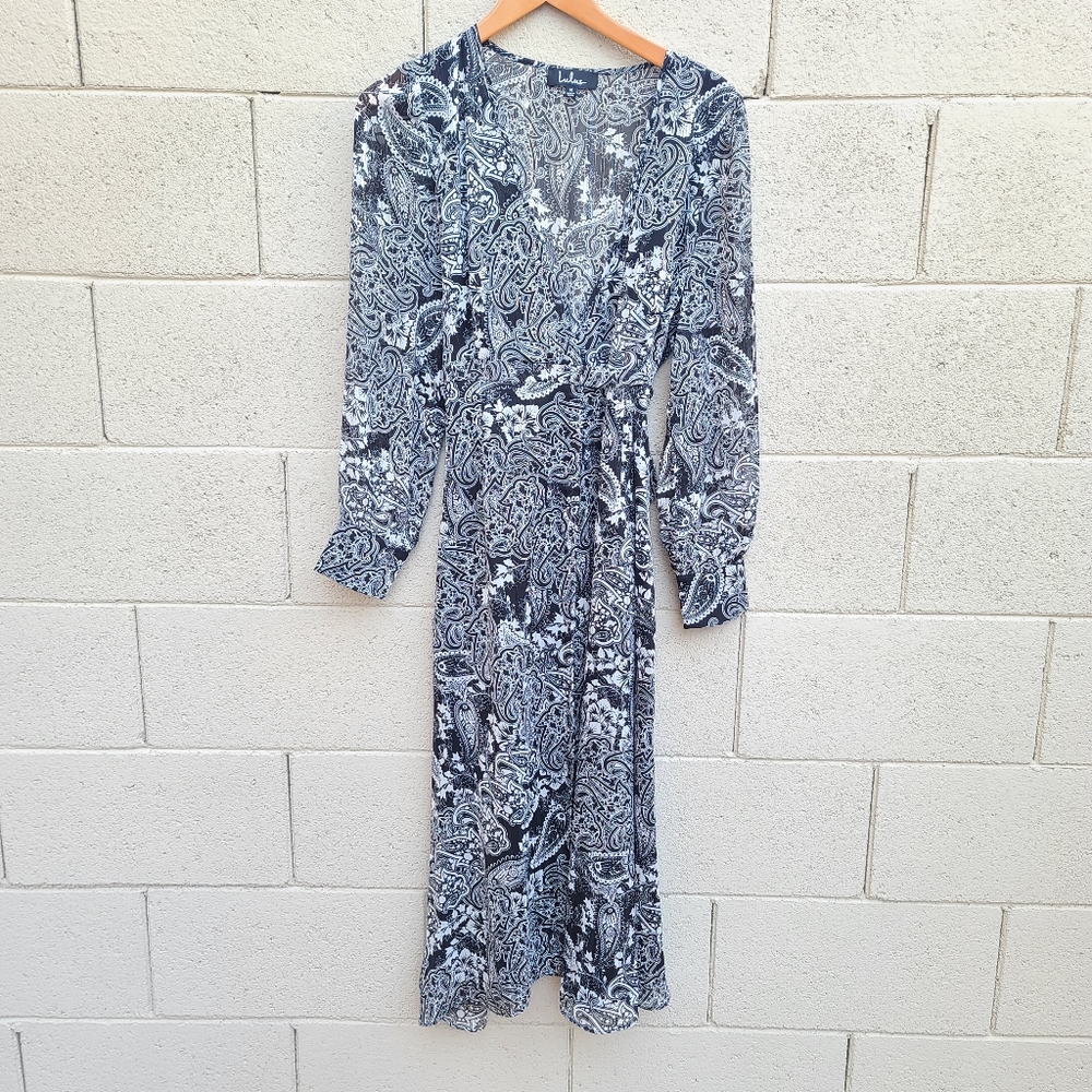 Lulu's | Love Letters Black and White Print Long Sleeve Wrap Dress NEW Size M - Picture 2 of 16